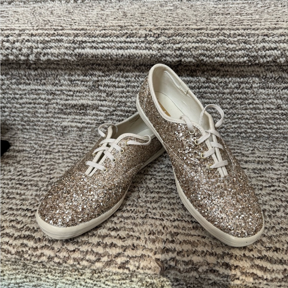 Keds For Kate Spade Shoes 9 Gold Glitter Sparkle Platinum Lace Up Comfort Womens